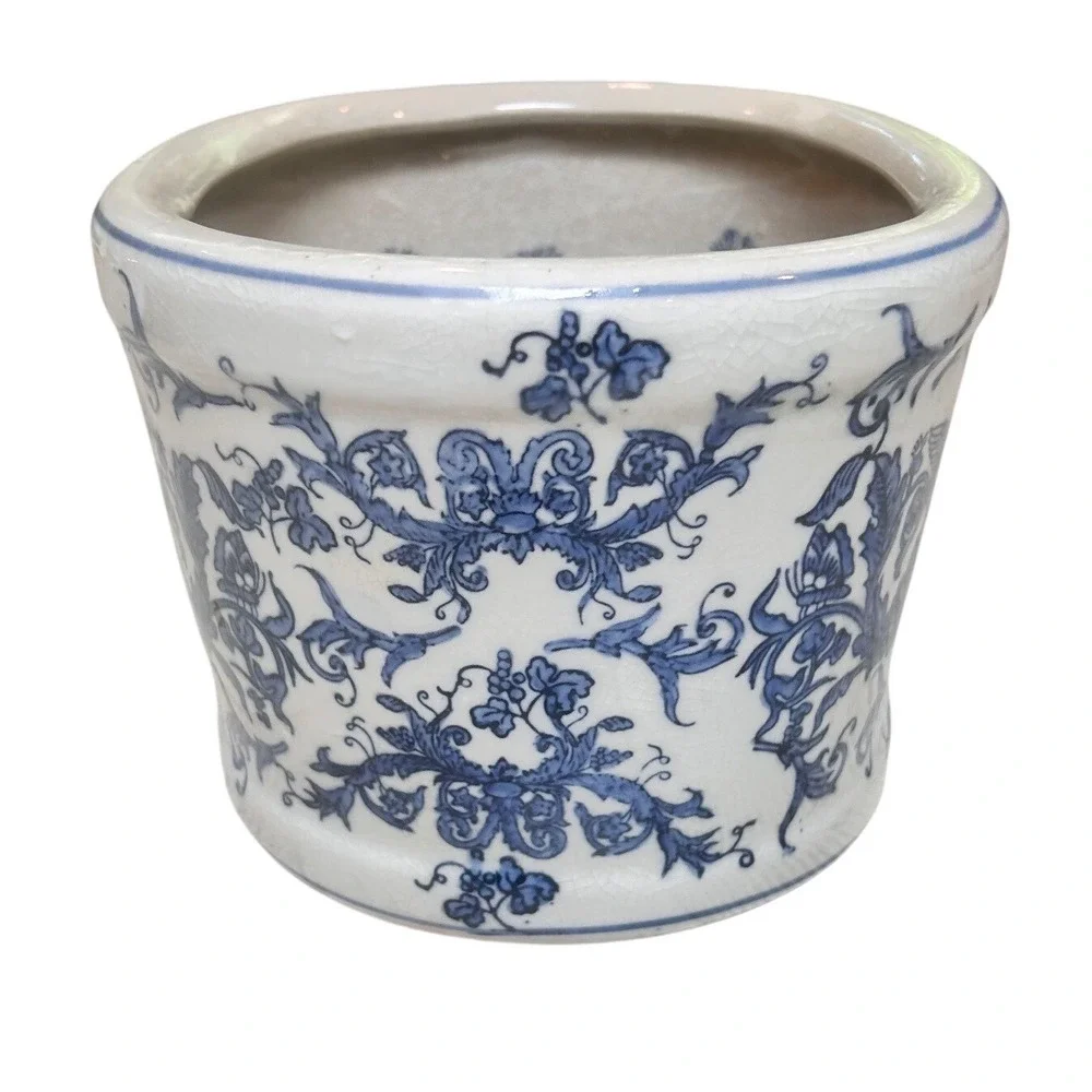 Vintage Blue and White Porcelain Oval Planter Cherub Fish Motif Crackle Glaze